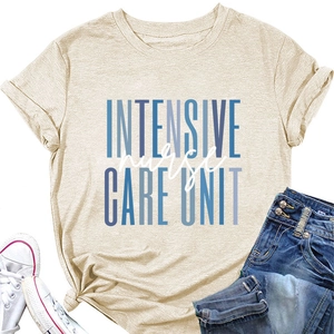 Flat lay of oatmeal nurse t-shirt with intensive care unit print and denim jeans