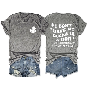 Flat lay showing front and back of grey cotton tee with white duck and slogan