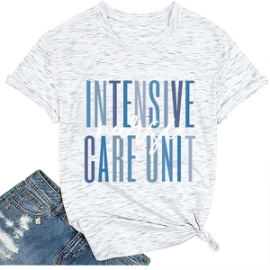 Flat lay of Intensive Nurse Care Unit printed T-shirt with decorative front knot detail