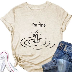 Close-up of oatmeal crew neck t-shirt with i'm fine graphic and hand drawing print