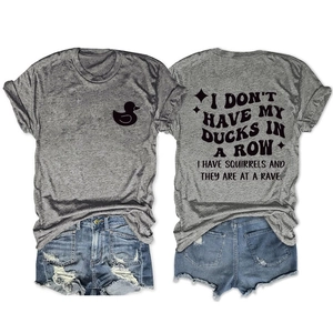 Detailed front and back view of heather grey crew neck T-shirt with duck print