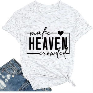 Close-up of make HEAVEN crowded print on white heathered cotton t-shirt with hem knot