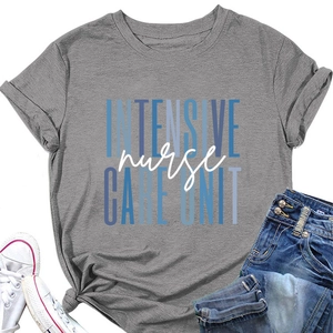 Detail of grey ICU nurse T-shirt with front text print and stylish knotted hem design