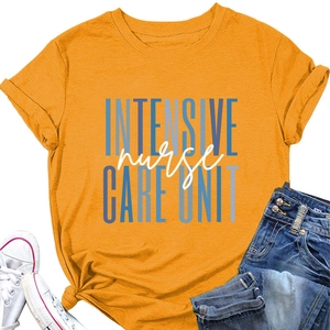 Flat lay of ginger yellow crewneck T-shirt with Intensive Nurse Care Unit print and side knot