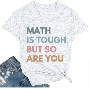 Detail of white T-shirt with 'Math is tough but so are you' print and knot hem style