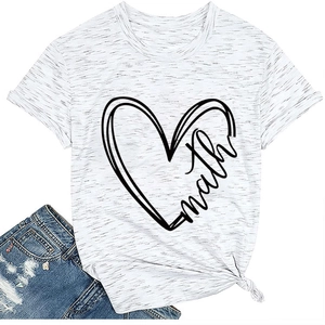 Detail of white cotton T-shirt featuring math heart print and stylish front knot hem