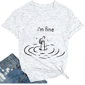 Detail view of cotton T-shirt featuring I'm Fine text print and a knotted hem design