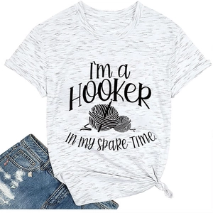 Detail of grey cotton blend t-shirt with I'm a Hooker lettering and side knot hem