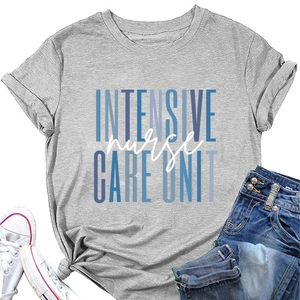 Detail of the grey intensive nurse care unit graphic tee with a front knot detail