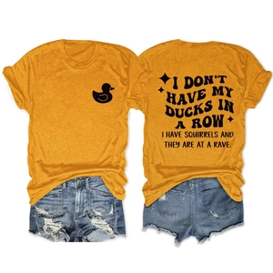 Front and back view of mustard yellow T-shirt with blue ripped denim shorts set