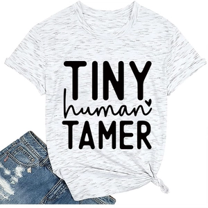 Detail of white heather T-shirt with black Tiny Human Tamer text and knotted hem design