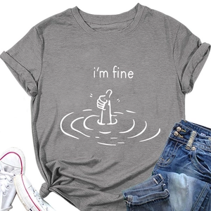 Flat lay of gray T-shirt with I'm Fine print styled with jeans and white sneakers