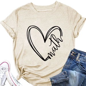 Close-up of heart print and 'math' text on apricot cotton T-shirt with knotted hem