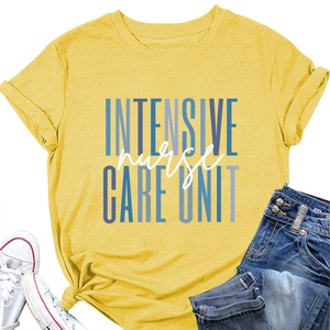 Detail of a yellow crew neck T-shirt with Intensive Nurse Care Unit print and denim outfit