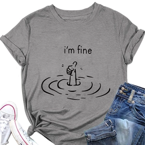 Detail of grey cotton T-shirt featuring I'm Fine print with thumb up hand graphic