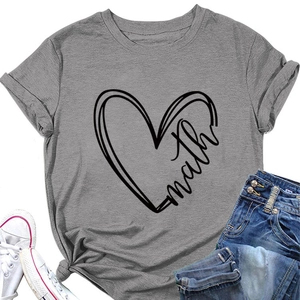 Flat lay of gray T-shirt with math heart graphic, denim shorts and sneakers