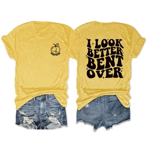 Front and back detail of a yellow graphic T-shirt with 'I Look Better Bent Over' print