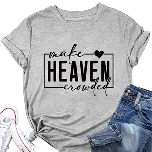 Detail of make HEAVEN crowded text and heart graphic on gray cotton T-shirt