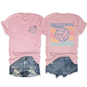 T-shirt rose avec motif volleyball à plat montrant les détails imprimés avant et arrière