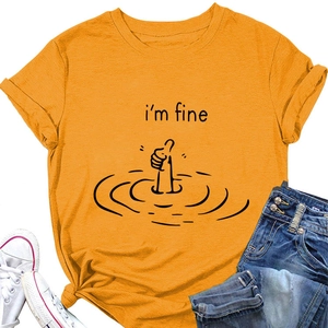 Detail of ginger yellow cotton T-shirt featuring I'm Fine print and thumbs-up graphic