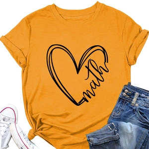 Detail of ginger yellow cotton T-shirt with heart print and math logo in casual style