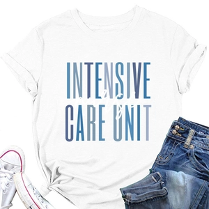 Detailed flat lay of white T-shirt featuring INTENSIVE CARE UNIT blue gradient text