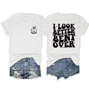 Detail of the front and back graphic prints on this white crew neck cotton t-shirt