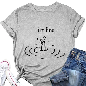 Flat lay of gray T-shirt with I'm fine text and thumb graphic with jeans and shoes