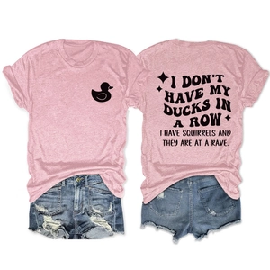 Summer pink crewneck T-shirt with ducks in a row print and distressed denim shorts set