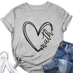 Detail of gray short sleeve T-shirt with heart math print and casual denim shorts