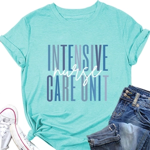 Detail of Intensive Nurse Care Unit text print on a mint green crew neck t-shirt