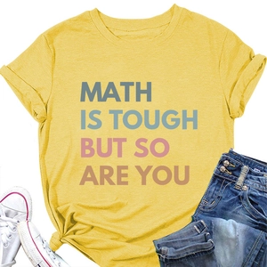 Detail of yellow cotton T-shirt featuring Math Is Tough But So Are You slogan print