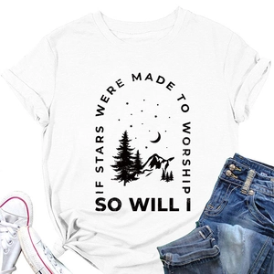 Flat lay of white cotton T-shirt with nature graphic print and casual summer outfit items