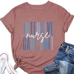 Flat lay of pink Intensive Nurse Care Unit T-shirt with denim jeans and sneakers