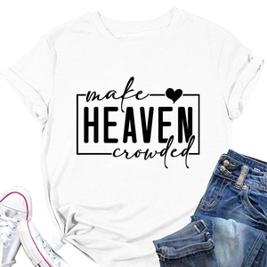 Detail of white cotton t-shirt with black make heaven crowded text and heart graphic