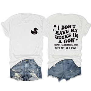 Detail of white cotton T-shirt featuring a duck logo and printed quote on the back