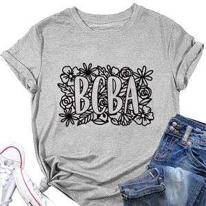 Detailed view of grey BCBA floral print t-shirt paired with denim jeans and sneakers