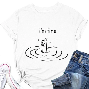 Detail of white cotton T-shirt featuring 'I'm fine' graphic print and humorous illustration
