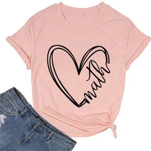 Close-up of pink cotton T-shirt featuring hand-drawn heart and math script graphic