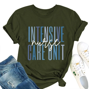 Flat lay of dark green nurse t-shirt paired with ripped jeans and white sneakers