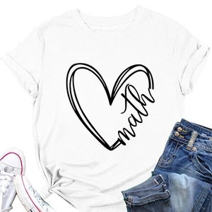 Flat lay of white cotton T-shirt featuring a minimalist black heart math slogan print