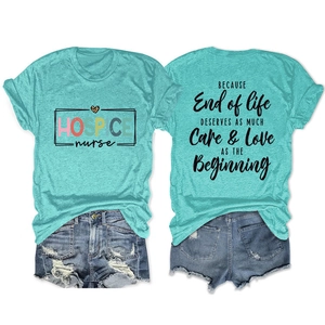 T-shirt turquoise Hospice Nurse avec motif cœur léopard et texte au dos du vêtement