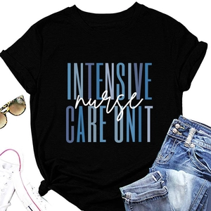 Flat lay of black round neck T-shirt with blue Intensive Nurse Care Unit text print