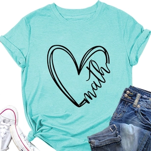 Close-up of mint green t-shirt with heart graphic and math script print design