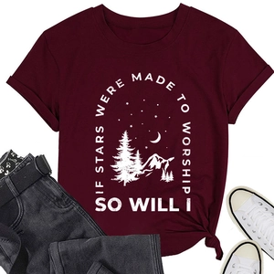 Close-up of wine red t-shirt featuring mountain print and side knot detail