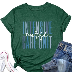 Detail of dark green t-shirt featuring INTENSIVE nurse CARE UNIT print with a stylish knot