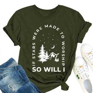 Detailed flat lay of an olive green cotton t-shirt with mountain and forest print graphic