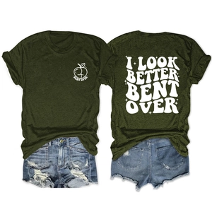 Front and back detail of army green T-shirt with white text and denim shorts set