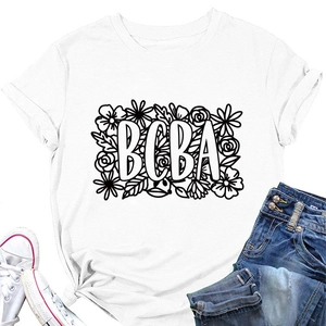 Detailed view of BCBA floral letter print on a white short sleeve cotton crewneck T-shirt