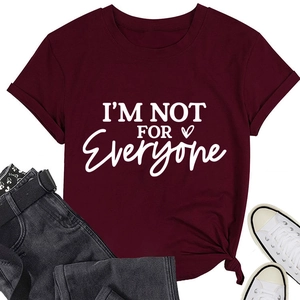 Detail of burgundy cotton T-shirt with white I'M NOT FOR EVERYONE slogan and heart print